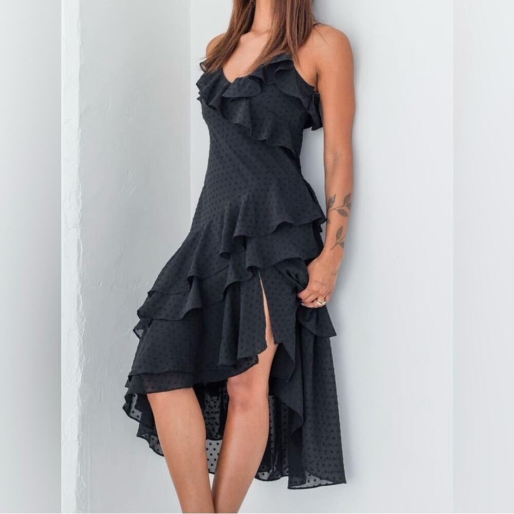 NEW Rumored Dot Ruffle Tiered Cha Cha Midi Dress in Black Women's Small $128 - Picture 6 of 12